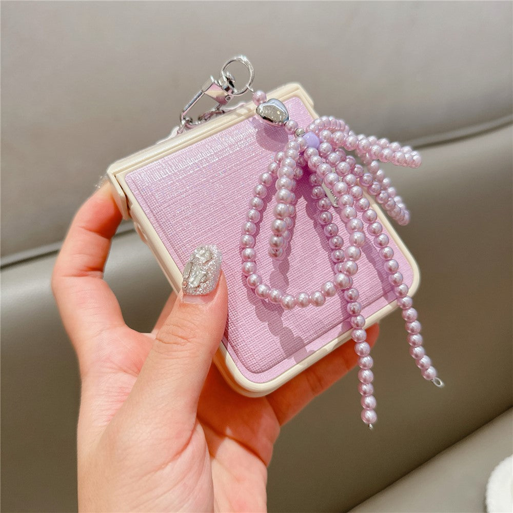 For Samsung Galaxy Z Flip7 FE 5G / Z Flip6 5G Case Hinge Protection Leather+PC Phone Cover with Bow Beaded Strap - Pink