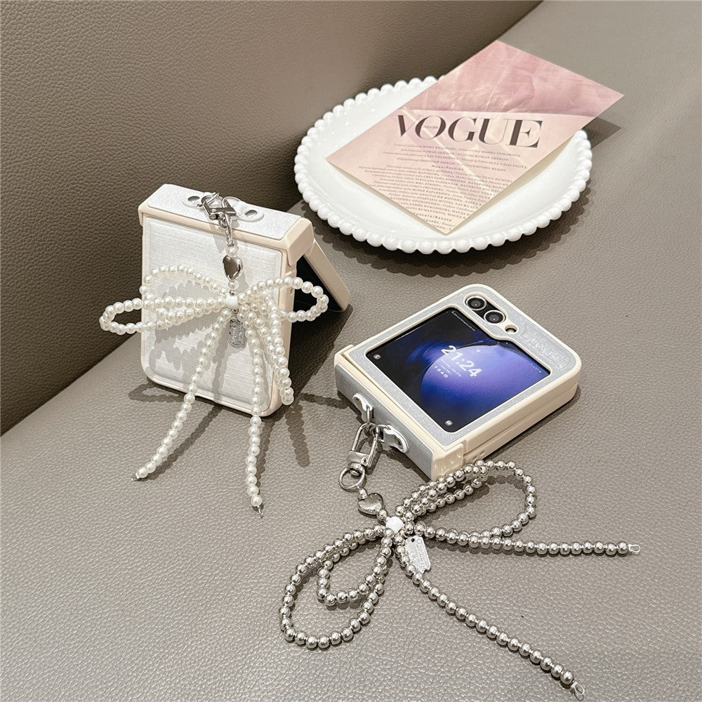 For Samsung Galaxy Z Flip7 FE 5G / Z Flip6 5G Case Hinge Protection Leather+PC Phone Cover with Bow Beaded Strap - Pink