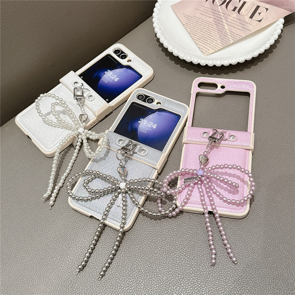 For Samsung Galaxy Z Flip7 FE 5G / Z Flip6 5G Case Hinge Protection Leather+PC Phone Cover with Bow Beaded Strap - Pink