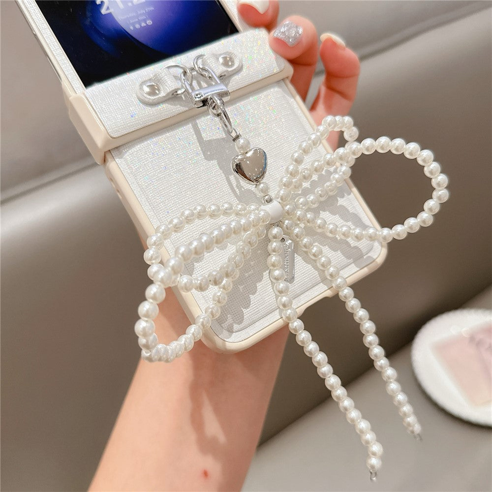 For Samsung Galaxy Z Flip7 FE 5G / Z Flip6 5G Case Hinge Protection Leather+PC Phone Cover with Bow Beaded Strap - White