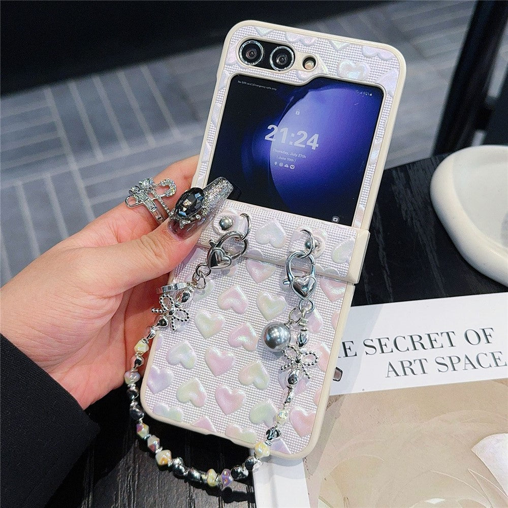 For Samsung Galaxy Z Flip7 FE 5G / Z Flip6 5G Case Bubble Heart Leather+PC Phone Cover with Beaded Strap - White