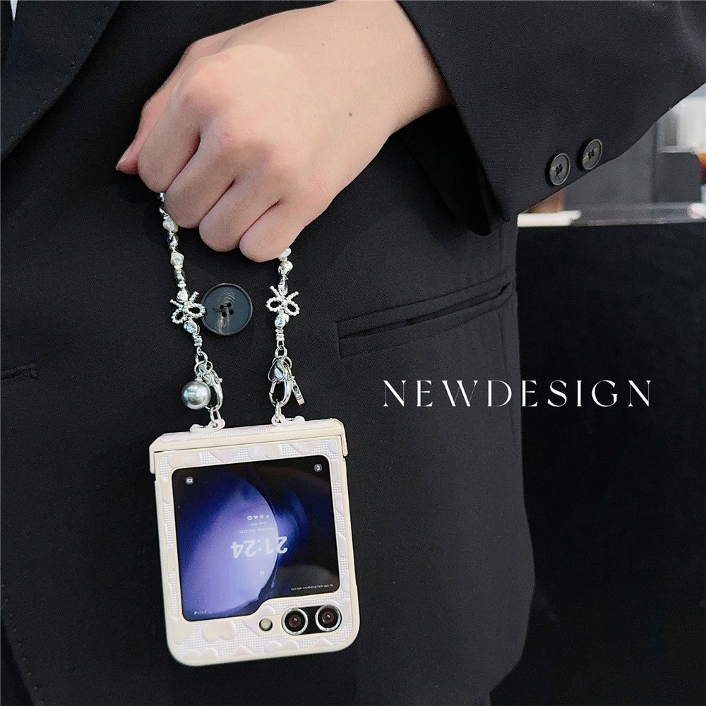 For Samsung Galaxy Z Flip7 FE 5G / Z Flip6 5G Case Bubble Heart Leather+PC Phone Cover with Beaded Strap - White