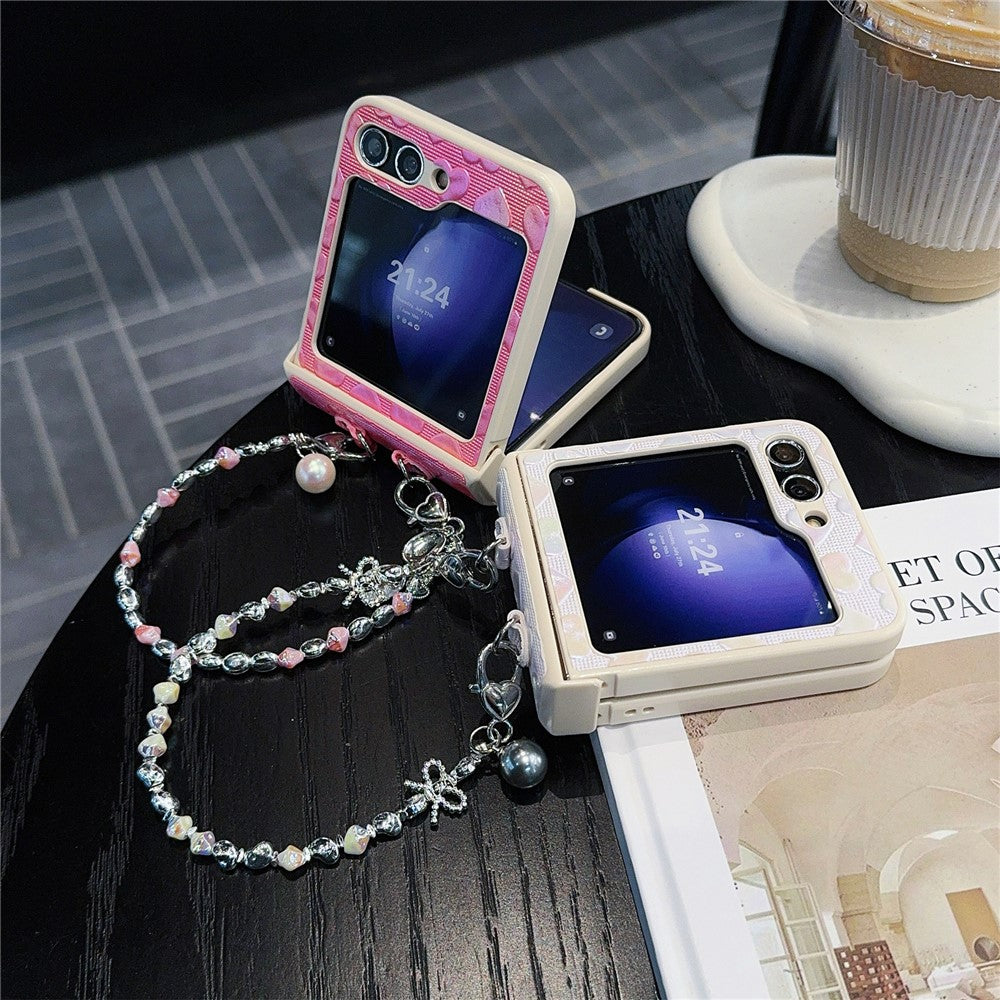 For Samsung Galaxy Z Flip7 FE 5G / Z Flip6 5G Case Bubble Heart Leather+PC Phone Cover with Beaded Strap - White