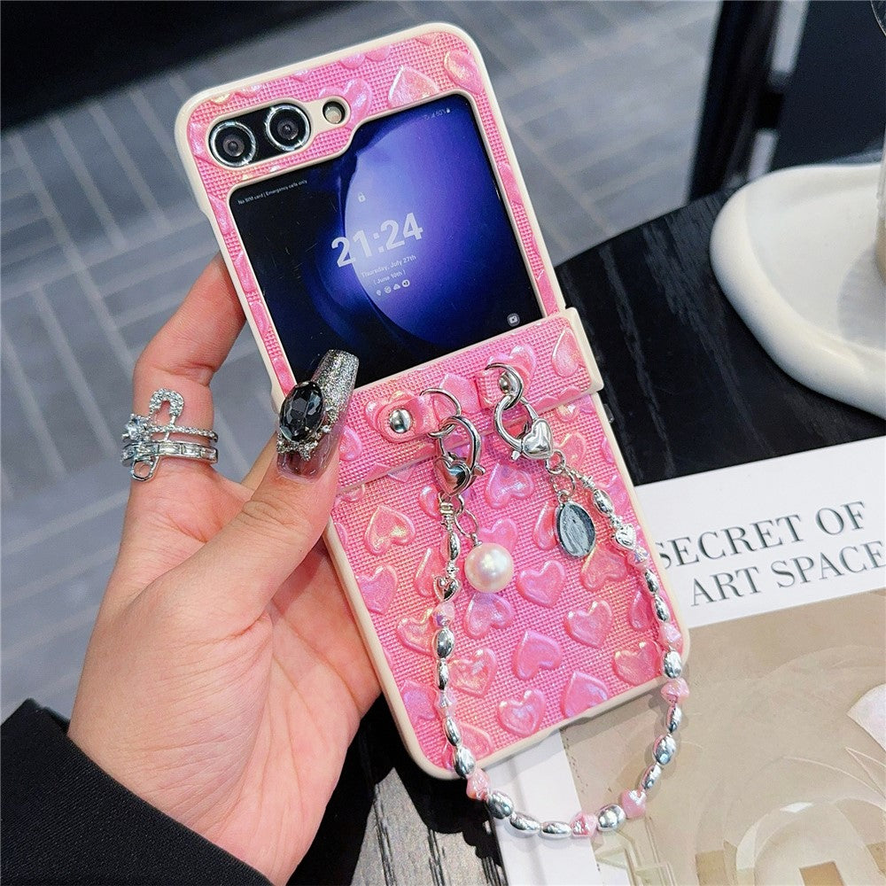 For Samsung Galaxy Z Flip7 FE 5G / Z Flip6 5G Case Bubble Heart Leather+PC Phone Cover with Beaded Strap - Pink