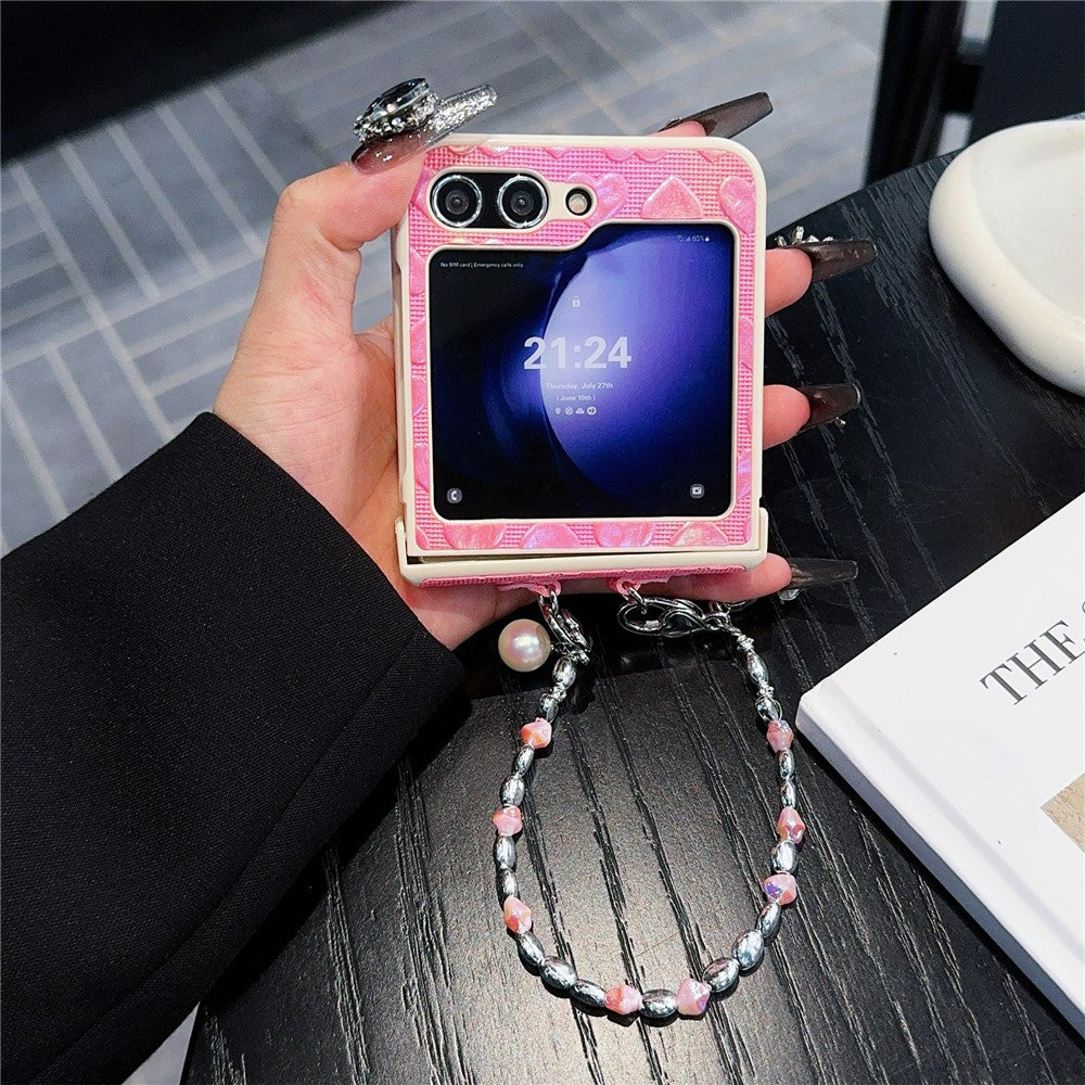 For Samsung Galaxy Z Flip7 FE 5G / Z Flip6 5G Case Bubble Heart Leather+PC Phone Cover with Beaded Strap - Pink