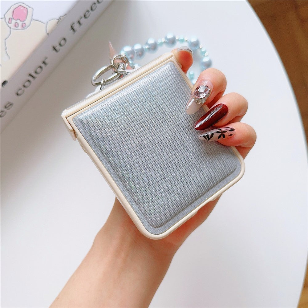 For Samsung Galaxy Z Flip7 FE 5G / Z Flip6 5G Case Hinge Protection Leather+PC Phone Cover with Beaded Phone Charm - Blue