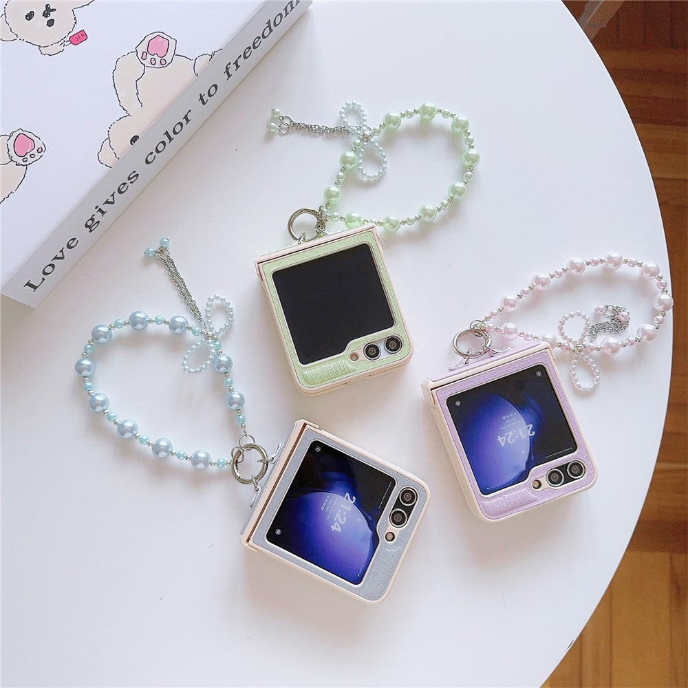 For Samsung Galaxy Z Flip7 FE 5G / Z Flip6 5G Case Hinge Protection Leather+PC Phone Cover with Beaded Phone Charm - Blue