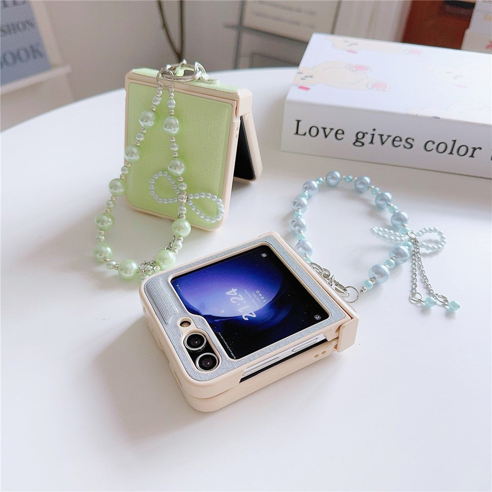 For Samsung Galaxy Z Flip7 FE 5G / Z Flip6 5G Case Hinge Protection Leather+PC Phone Cover with Beaded Phone Charm - Green