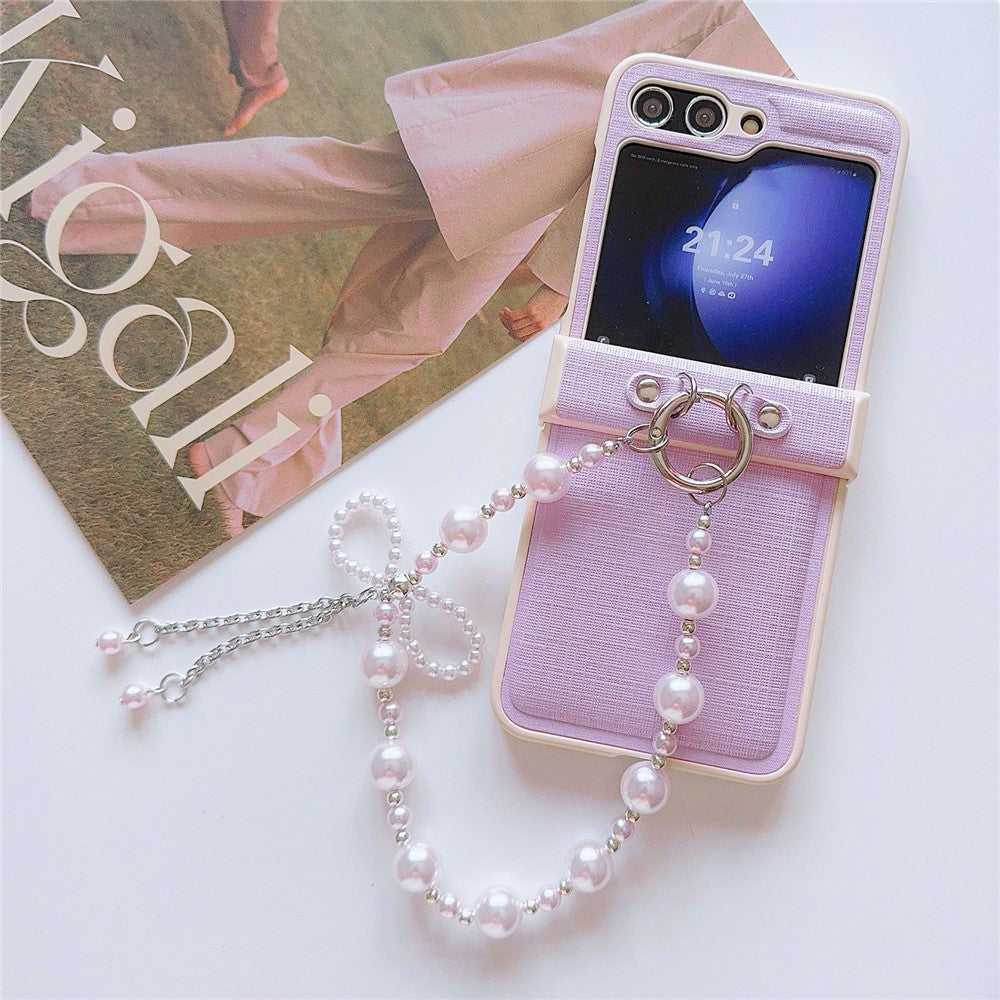 For Samsung Galaxy Z Flip7 FE 5G / Z Flip6 5G Case Hinge Protection Leather+PC Phone Cover with Beaded Phone Charm - Pink