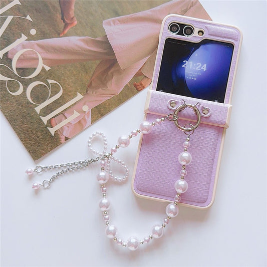 For Samsung Galaxy Z Flip7 FE 5G / Z Flip6 5G Case Hinge Protection Leather+PC Phone Cover with Beaded Phone Charm - Pink
