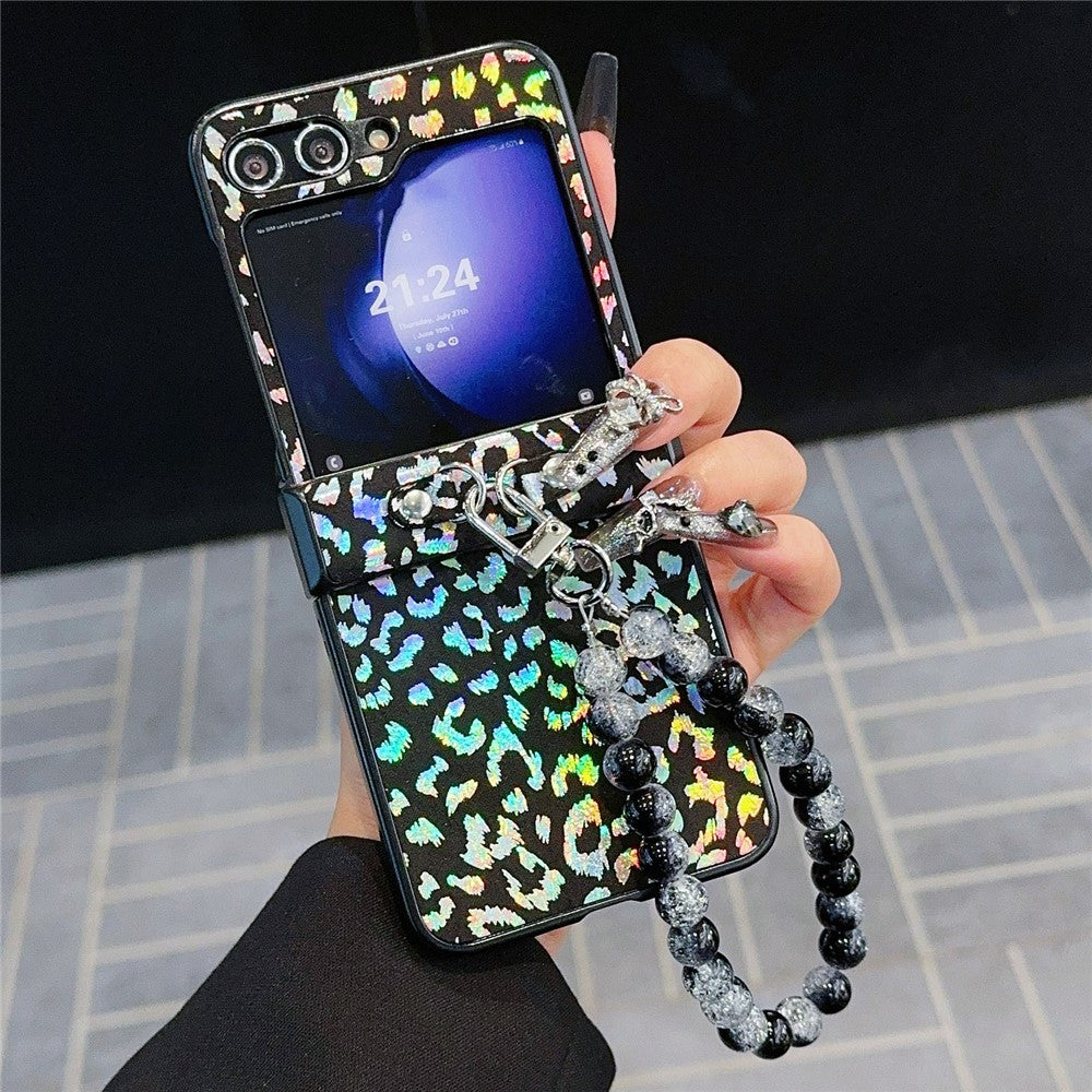 For Samsung Galaxy Z Flip7 FE 5G / Z Flip6 5G Case Leopard Print Leather+PC Phone Cover with Beaded Strap - Black