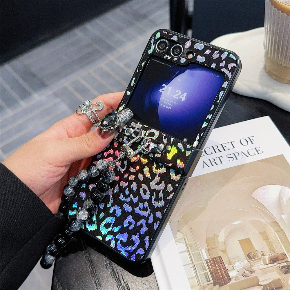 For Samsung Galaxy Z Flip7 FE 5G / Z Flip6 5G Case Leopard Print Leather+PC Phone Cover with Beaded Strap - Black