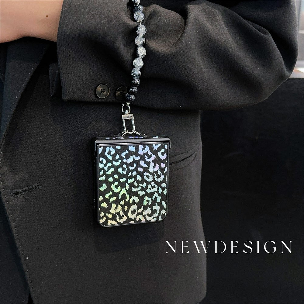 For Samsung Galaxy Z Flip7 FE 5G / Z Flip6 5G Case Leopard Print Leather+PC Phone Cover with Beaded Strap - Black