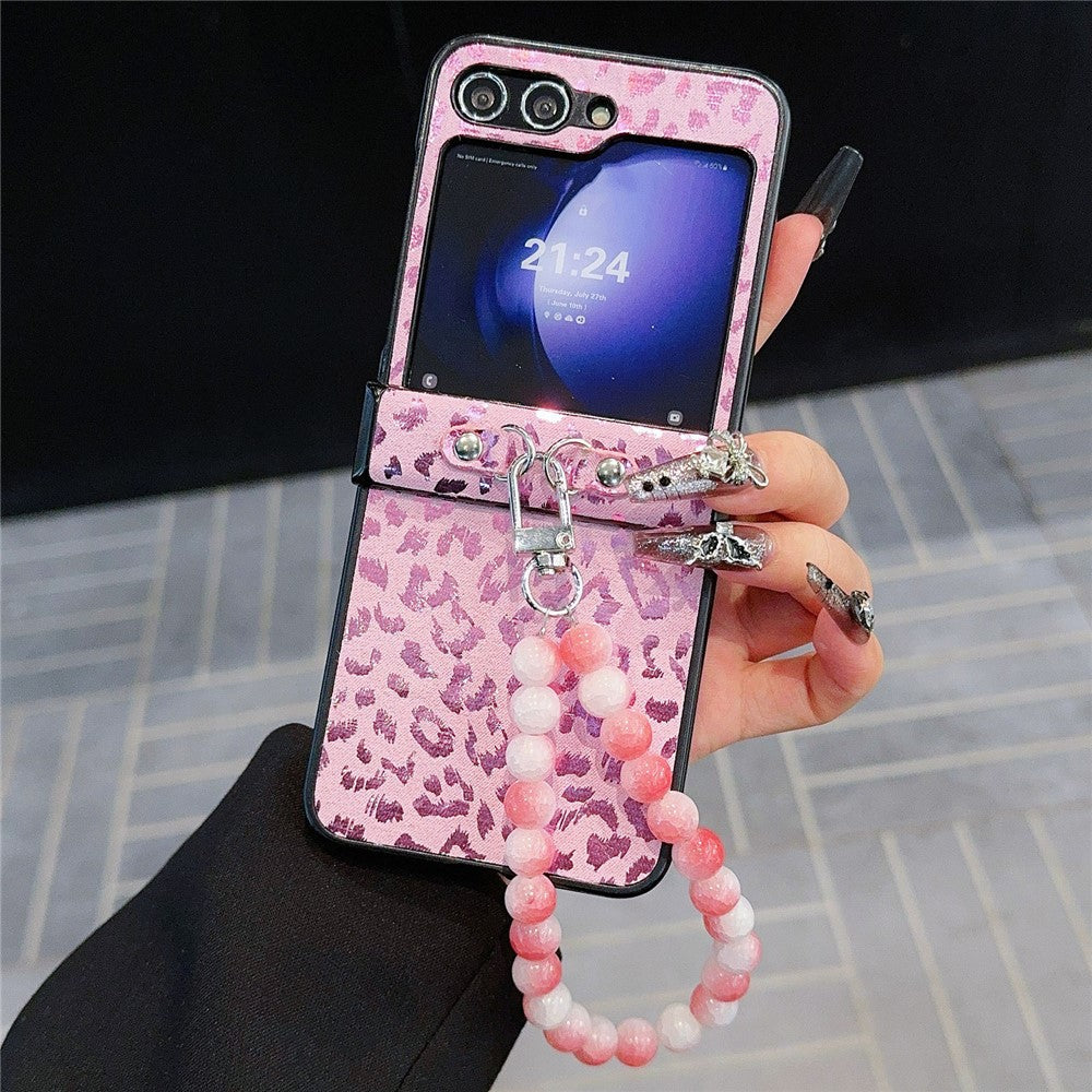 For Samsung Galaxy Z Flip7 FE 5G / Z Flip6 5G Case Leopard Print Leather+PC Phone Cover with Beaded Strap - Pink