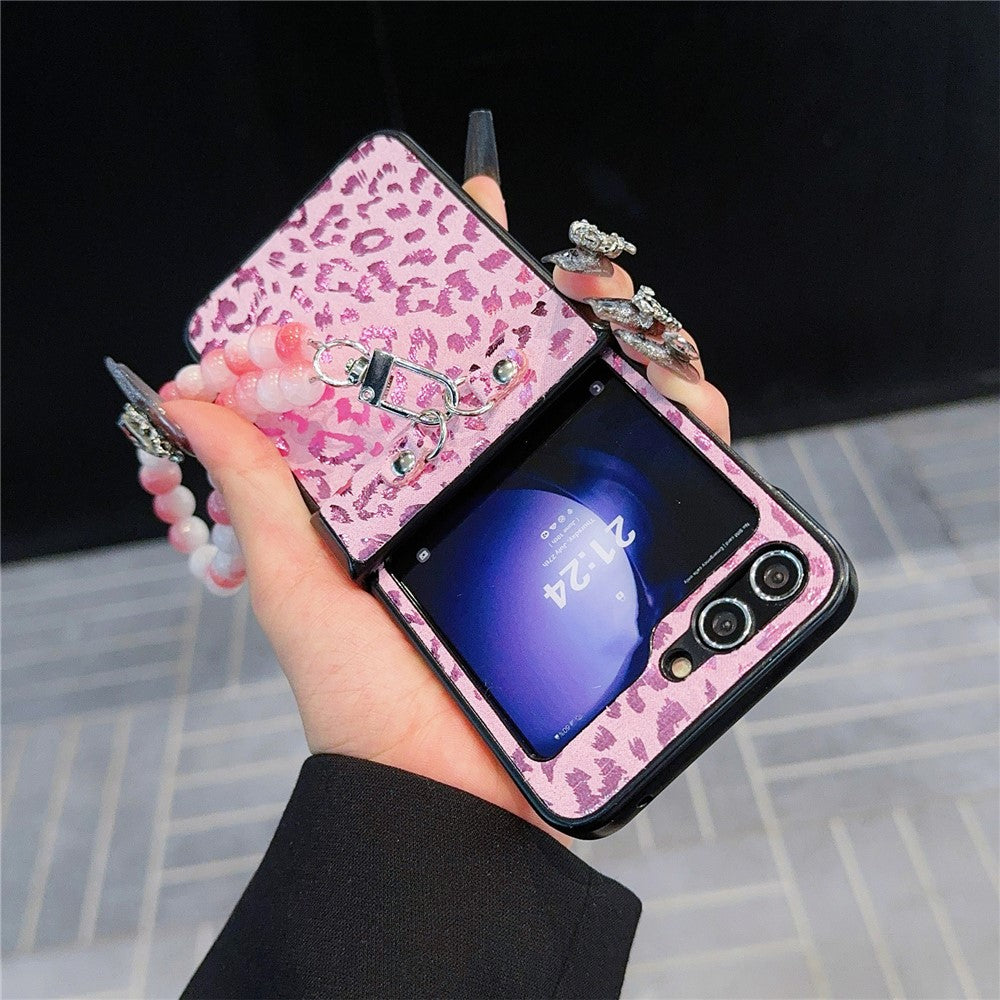 For Samsung Galaxy Z Flip7 FE 5G / Z Flip6 5G Case Leopard Print Leather+PC Phone Cover with Beaded Strap - Pink