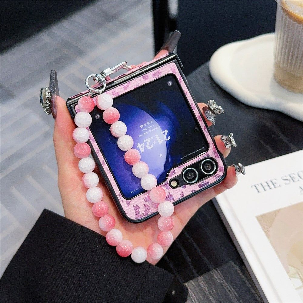 For Samsung Galaxy Z Flip7 FE 5G / Z Flip6 5G Case Leopard Print Leather+PC Phone Cover with Beaded Strap - Pink