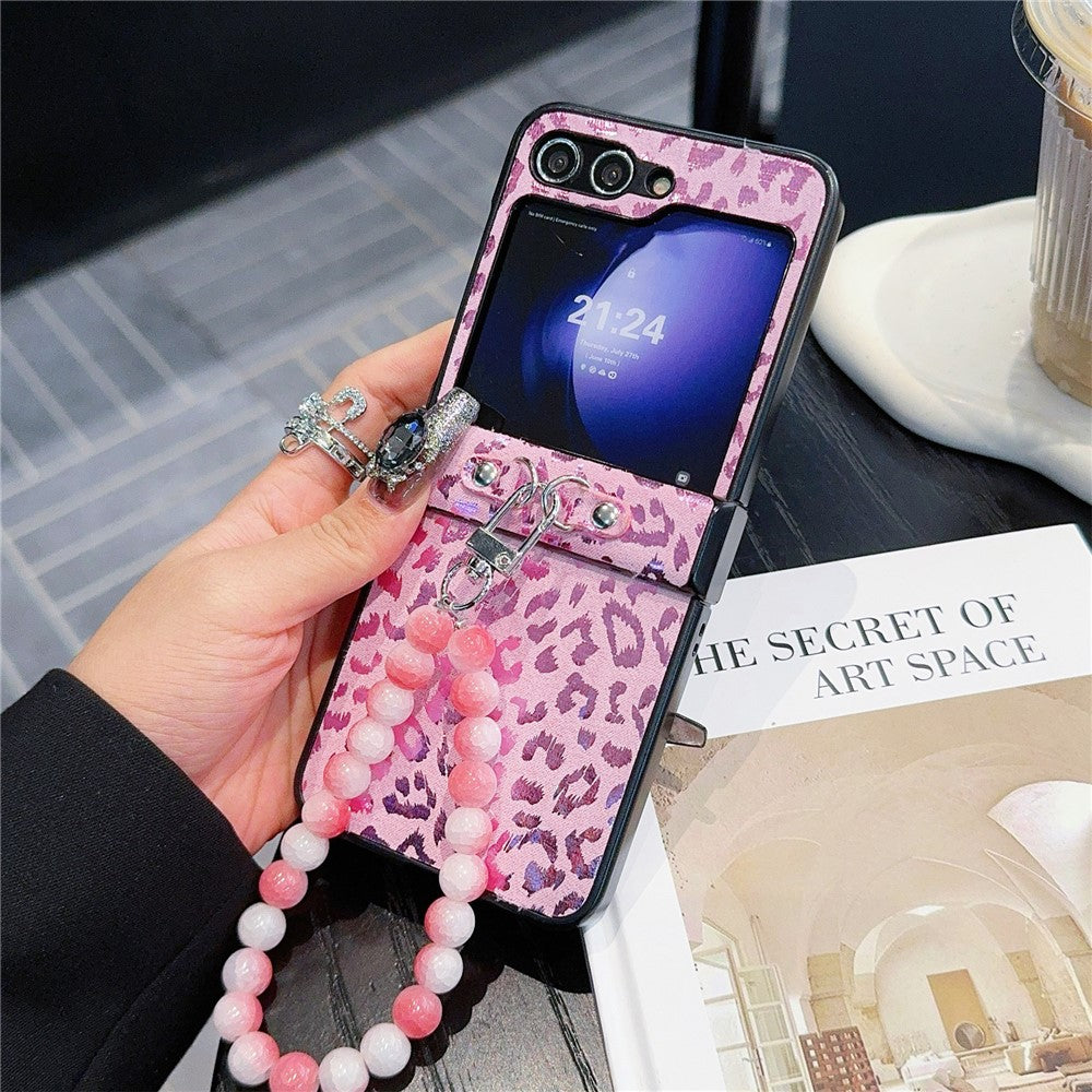 For Samsung Galaxy Z Flip7 FE 5G / Z Flip6 5G Case Leopard Print Leather+PC Phone Cover with Beaded Strap - Pink