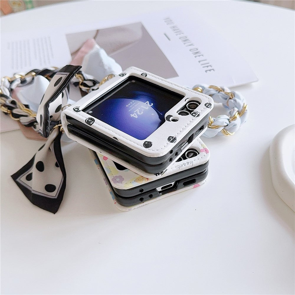 For Samsung Galaxy Z Flip7 FE 5G / Z Flip6 5G Case Pattern Leather+PC Phone Cover with Scarf Handle Strap - Butterfly