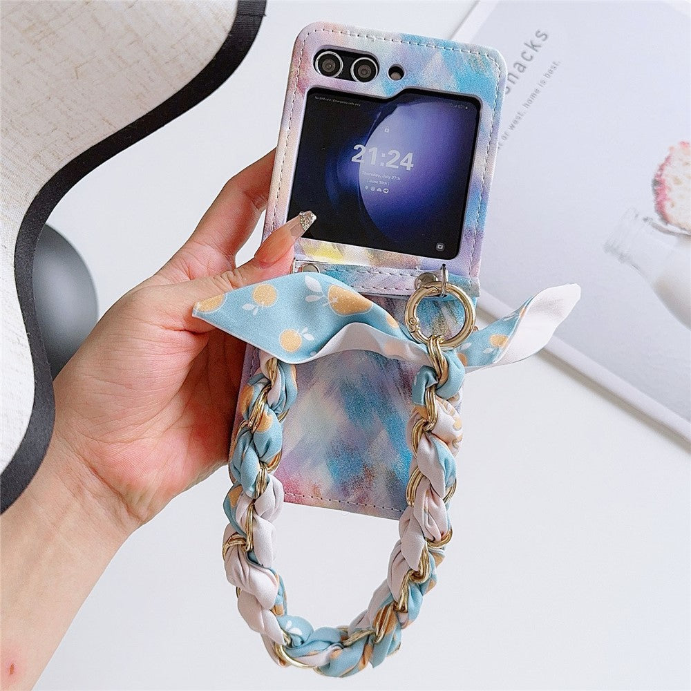 For Samsung Galaxy Z Flip7 FE 5G / Z Flip6 5G Case Pattern Leather+PC Phone Cover with Scarf Handle Strap - Smudging Baby Blue