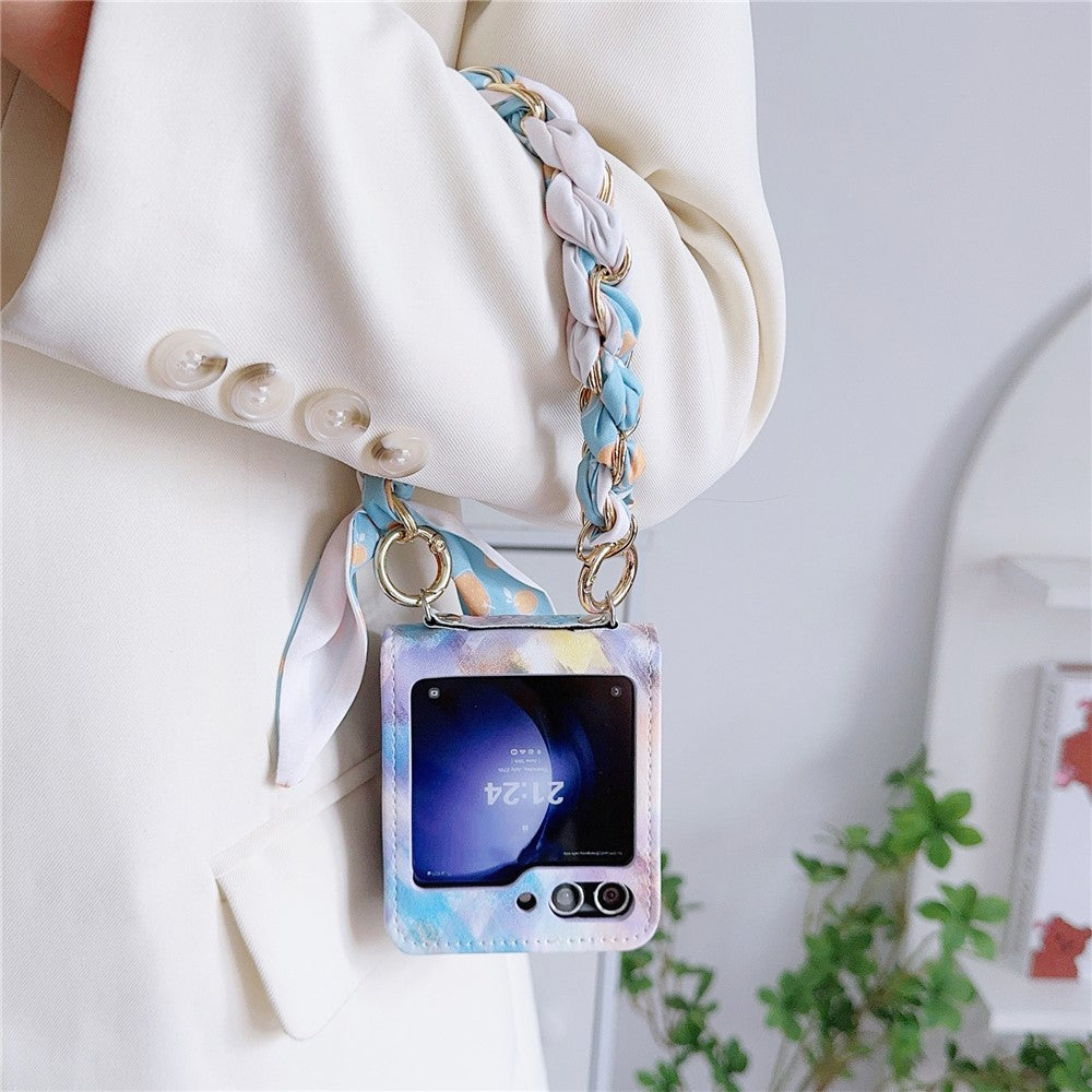 For Samsung Galaxy Z Flip7 FE 5G / Z Flip6 5G Case Pattern Leather+PC Phone Cover with Scarf Handle Strap - Smudging Baby Blue