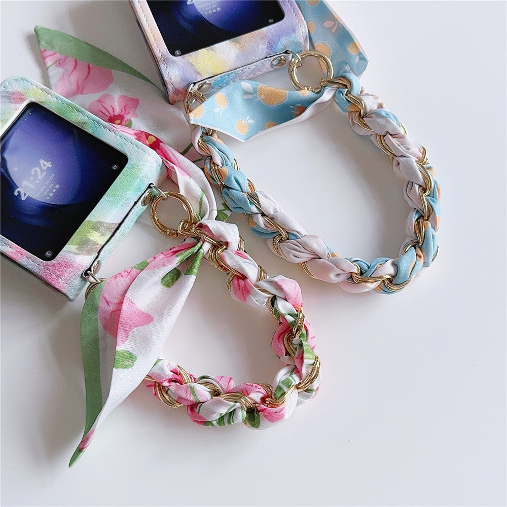 For Samsung Galaxy Z Flip7 FE 5G / Z Flip6 5G Case Pattern Leather+PC Phone Cover with Scarf Handle Strap - Smudging Baby Blue