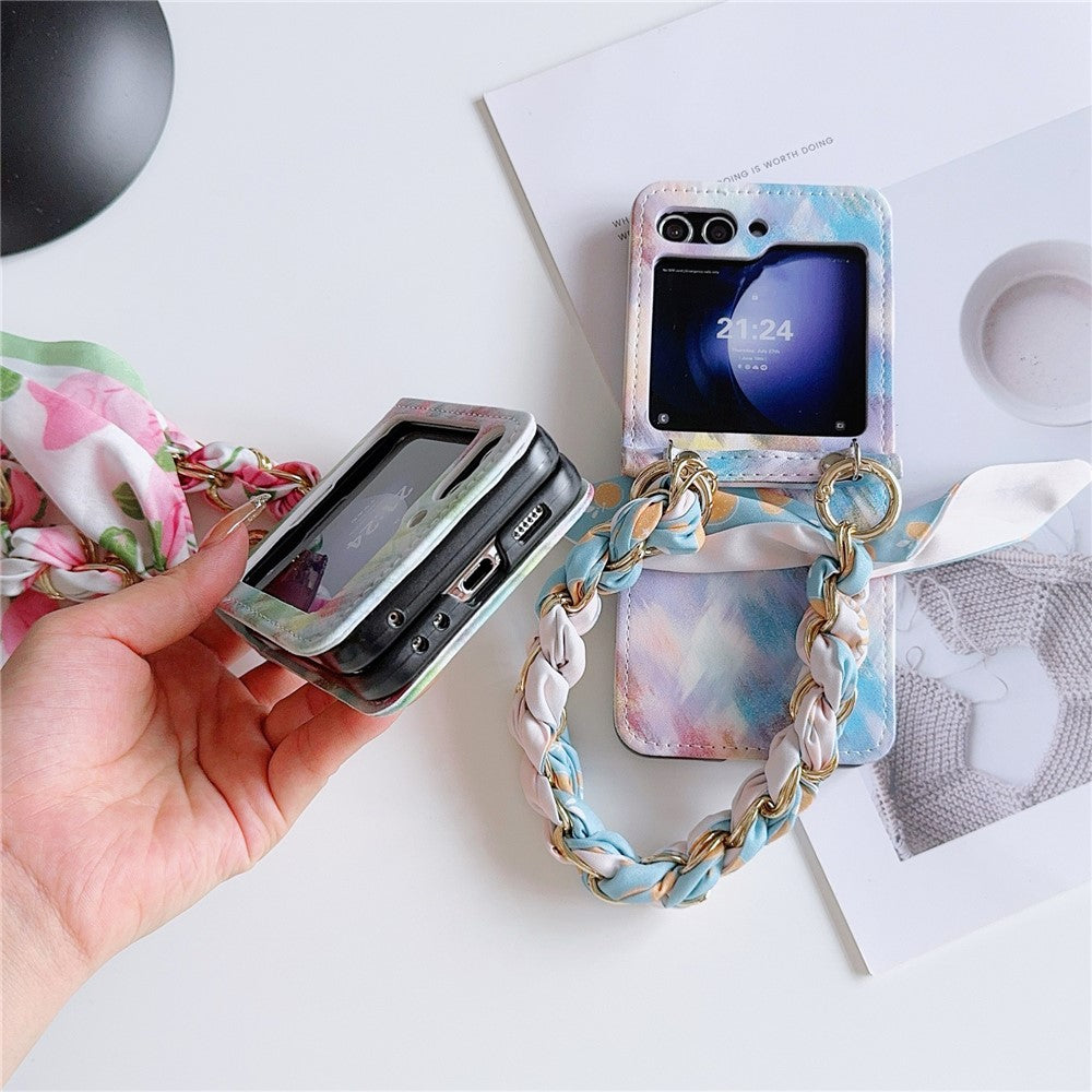 For Samsung Galaxy Z Flip7 FE 5G / Z Flip6 5G Case Pattern Leather+PC Phone Cover with Scarf Handle Strap - Smudging Baby Blue