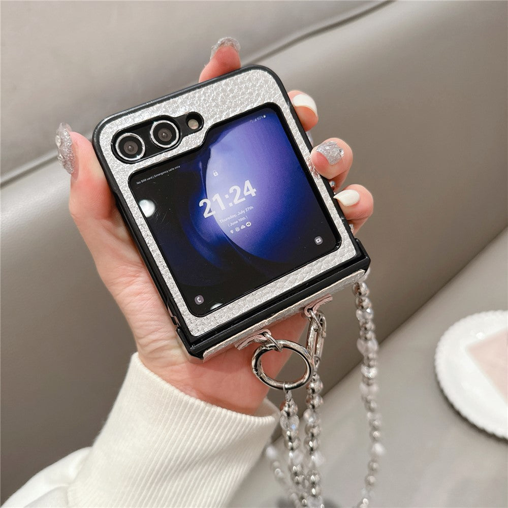 For Samsung Galaxy Z Flip7 FE 5G / Z Flip6 5G Case Hinge Protection Leather+PC Phone Cover with Crossbody Beaded Strap - Silver