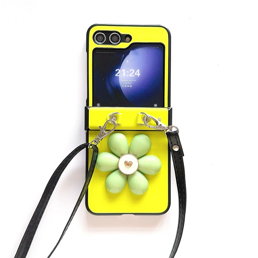 For Samsung Galaxy Z Flip7 FE 5G / Z Flip6 5G Case 3D Flower Leather+PC Phone Cover with Crossbody Strap - Fluorescent Green