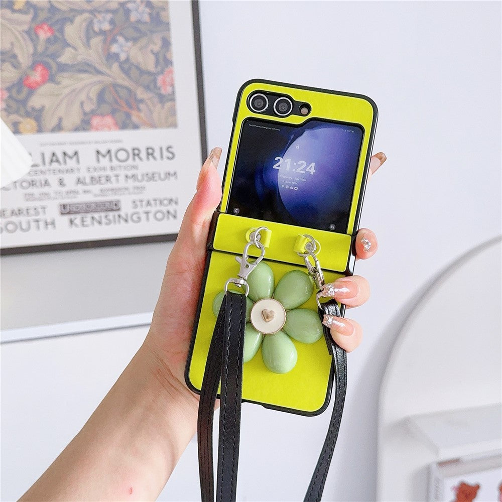 For Samsung Galaxy Z Flip7 FE 5G / Z Flip6 5G Case 3D Flower Leather+PC Phone Cover with Crossbody Strap - Fluorescent Green