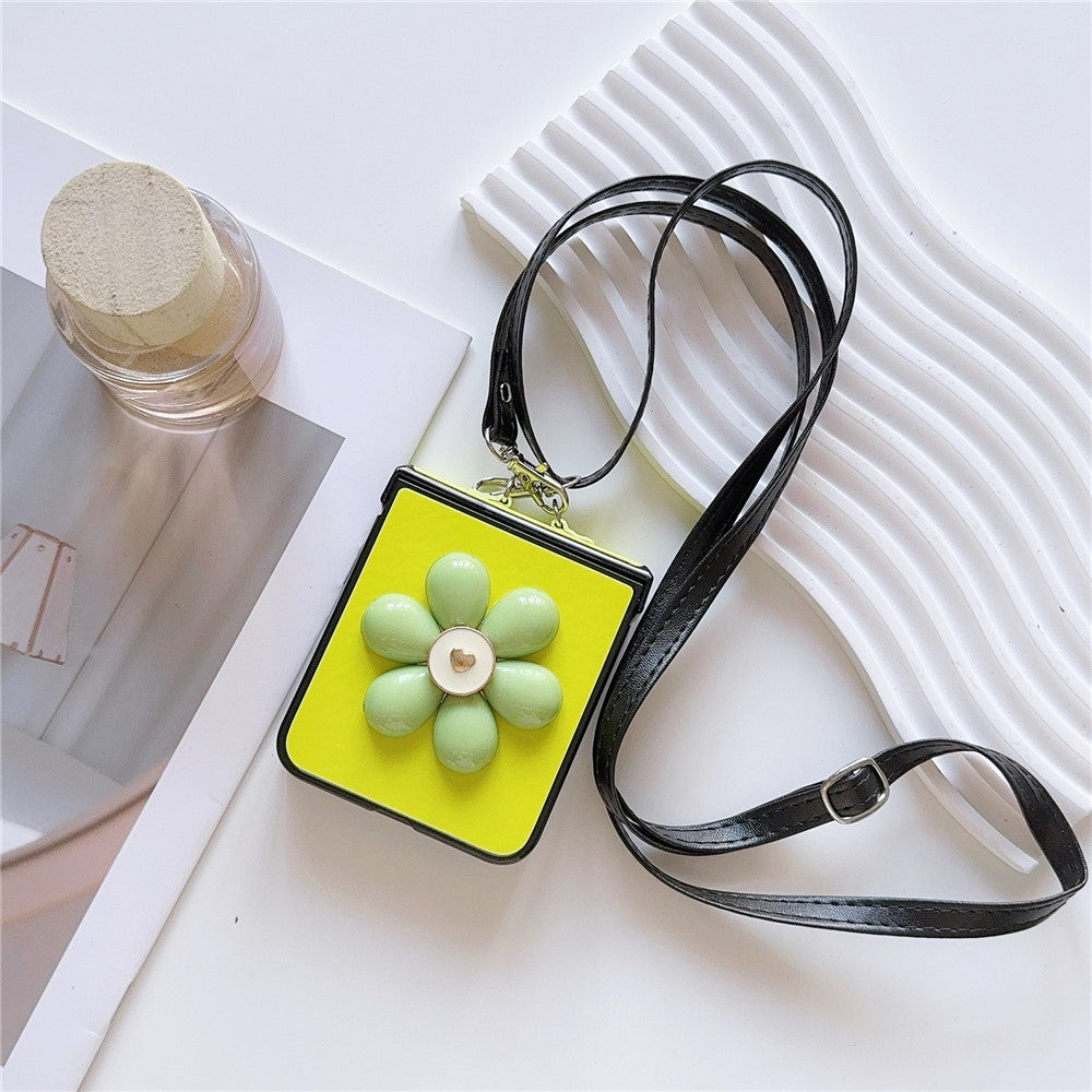 For Samsung Galaxy Z Flip7 FE 5G / Z Flip6 5G Case 3D Flower Leather+PC Phone Cover with Crossbody Strap - Fluorescent Green