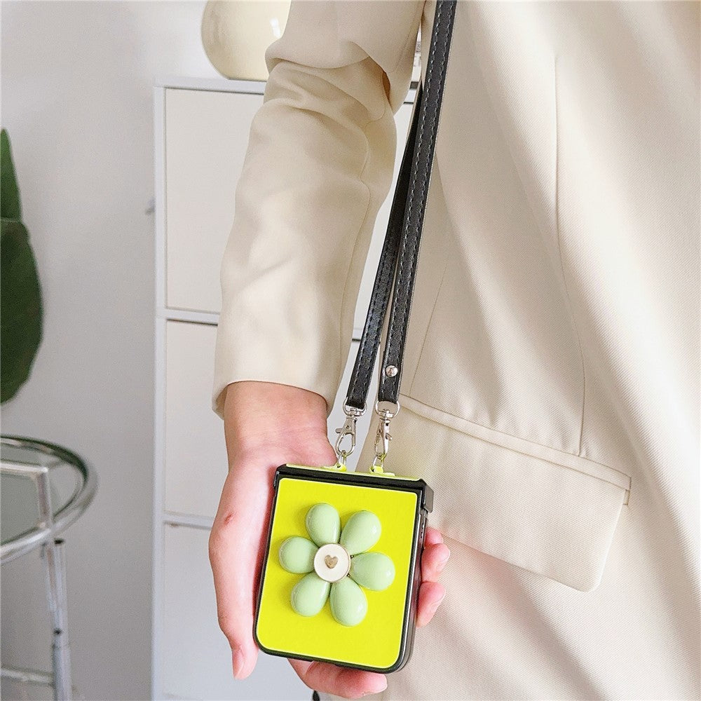 For Samsung Galaxy Z Flip7 FE 5G / Z Flip6 5G Case 3D Flower Leather+PC Phone Cover with Crossbody Strap - Fluorescent Green