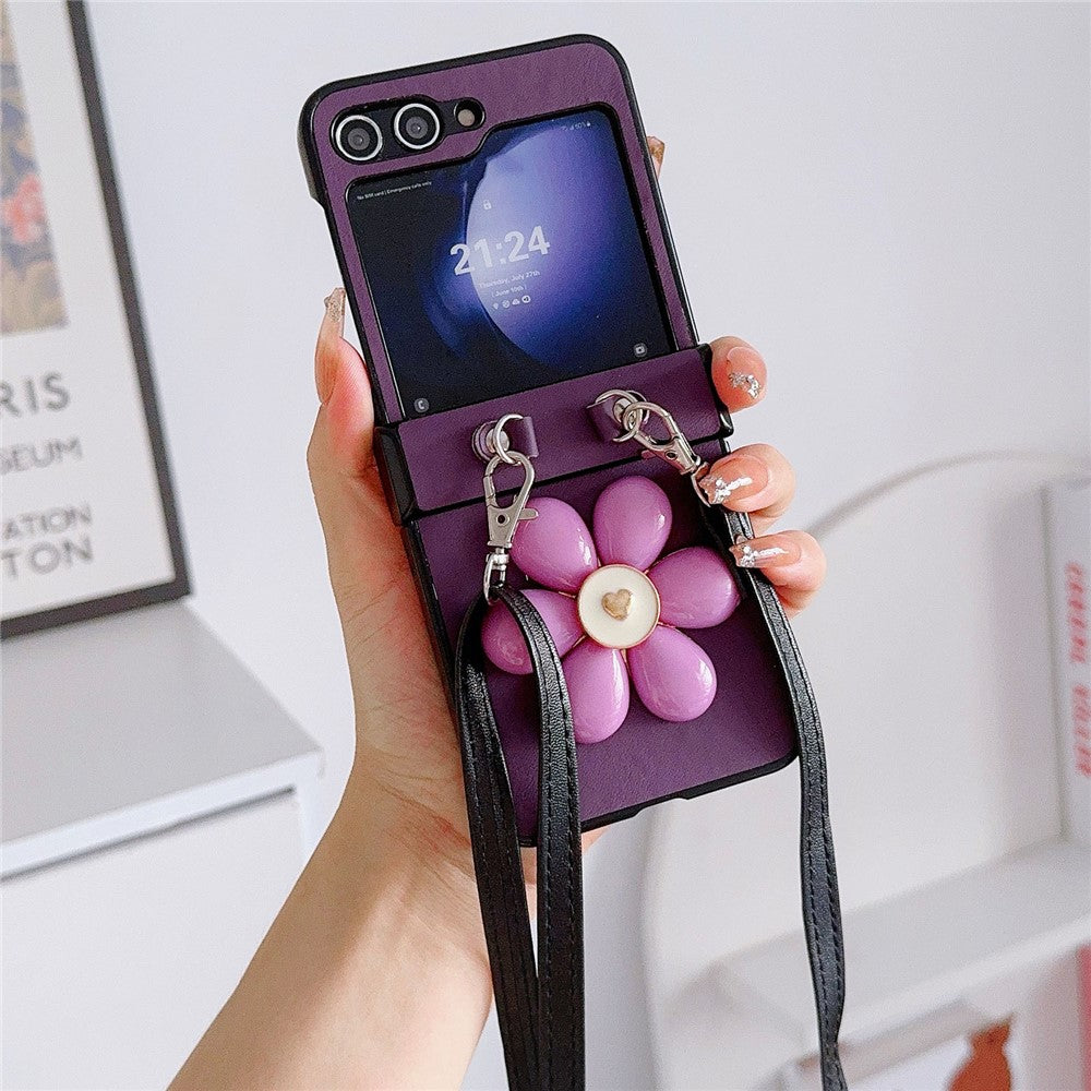 For Samsung Galaxy Z Flip7 FE 5G / Z Flip6 5G Case 3D Flower Leather+PC Phone Cover with Crossbody Strap - Purple