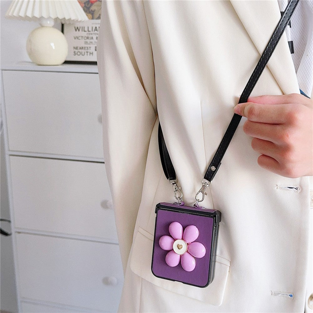 For Samsung Galaxy Z Flip7 FE 5G / Z Flip6 5G Case 3D Flower Leather+PC Phone Cover with Crossbody Strap - Purple