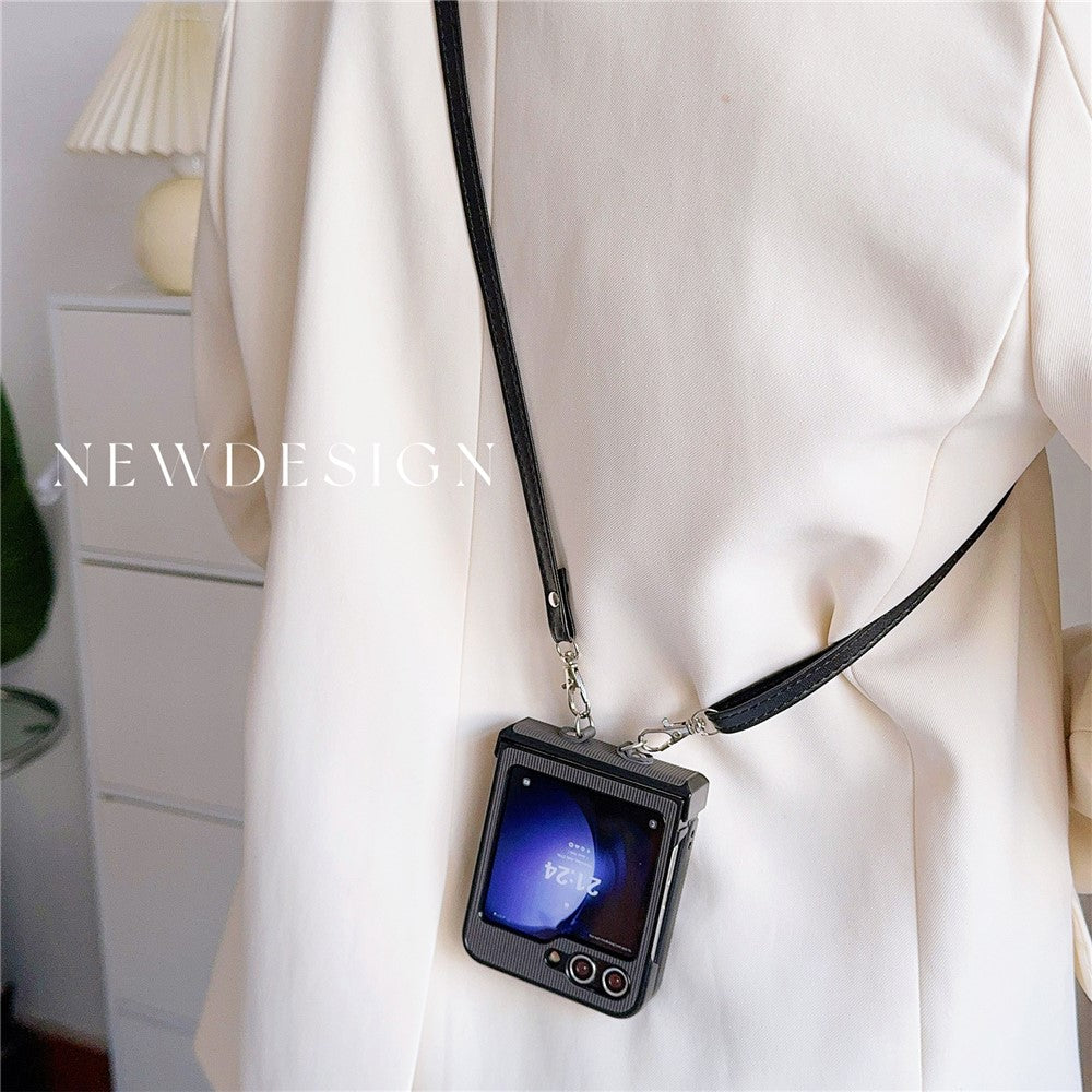 For Samsung Galaxy Z Flip7 FE 5G / Z Flip6 5G Case 3D Flower Leather+PC Phone Cover with Crossbody Strap - Black