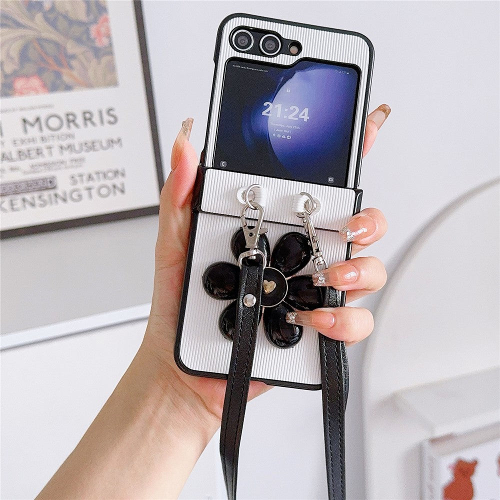 For Samsung Galaxy Z Flip7 FE 5G / Z Flip6 5G Case 3D Flower Leather+PC Phone Cover with Crossbody Strap - White