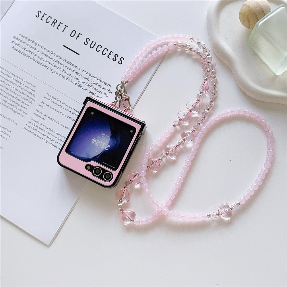 For Samsung Galaxy Z Flip7 FE 5G / Z Flip6 5G Case Heart Pattern Leather+PC Phone Cover with Crossbody Beaded Strap - Pink