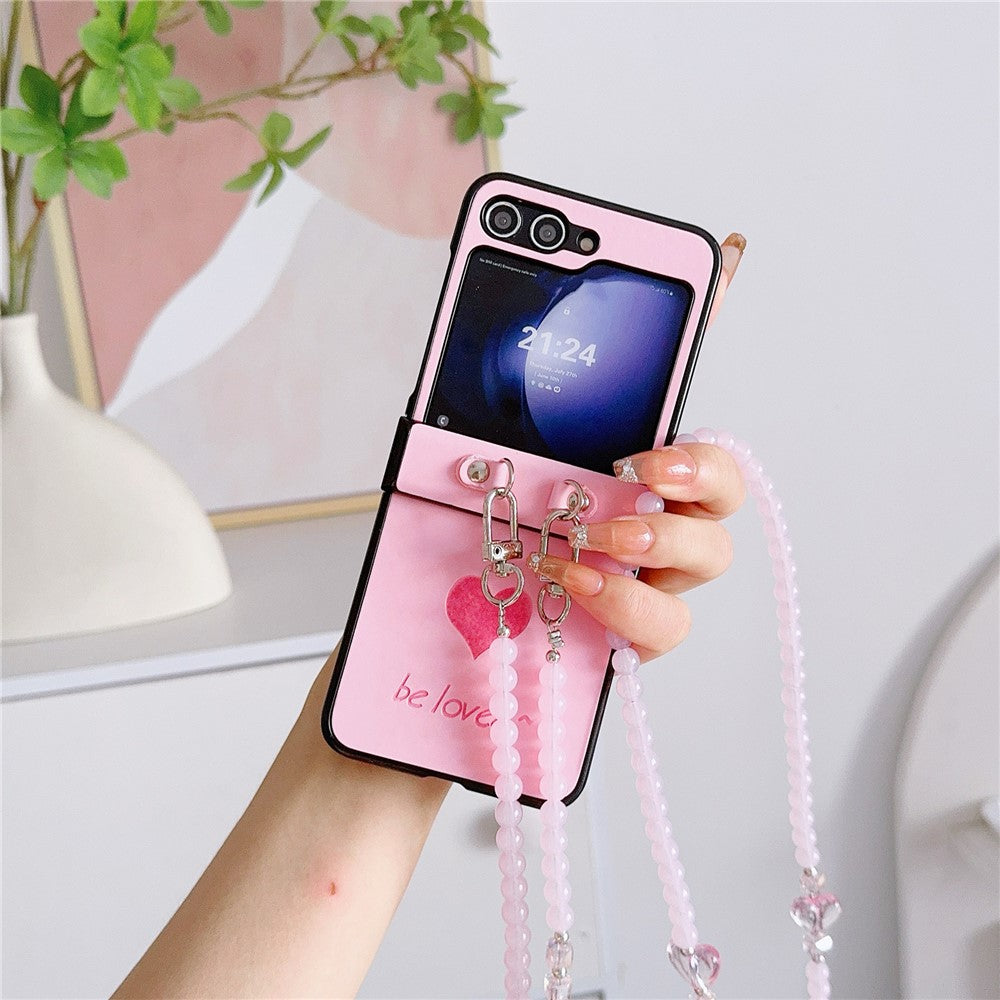 For Samsung Galaxy Z Flip7 FE 5G / Z Flip6 5G Case Heart Pattern Leather+PC Phone Cover with Crossbody Beaded Strap - Pink