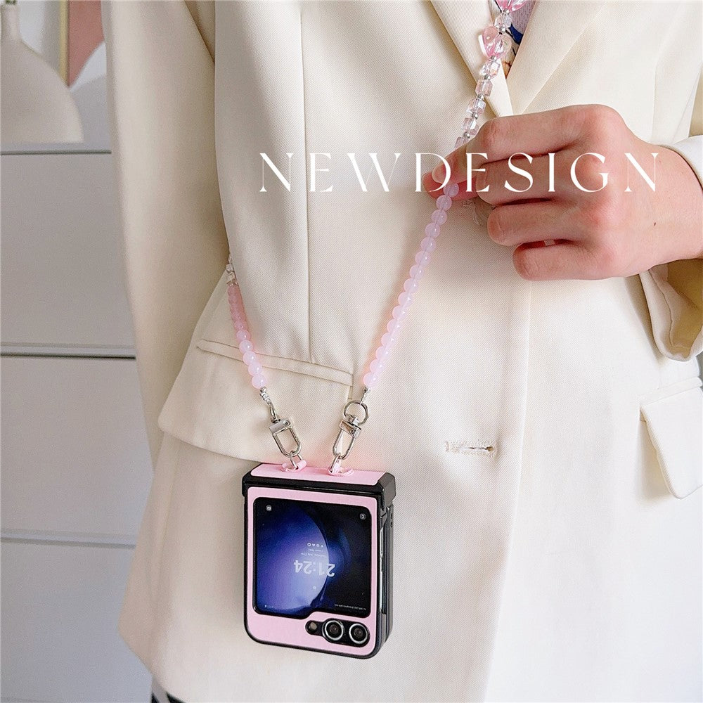 For Samsung Galaxy Z Flip7 FE 5G / Z Flip6 5G Case Heart Pattern Leather+PC Phone Cover with Crossbody Beaded Strap - Pink