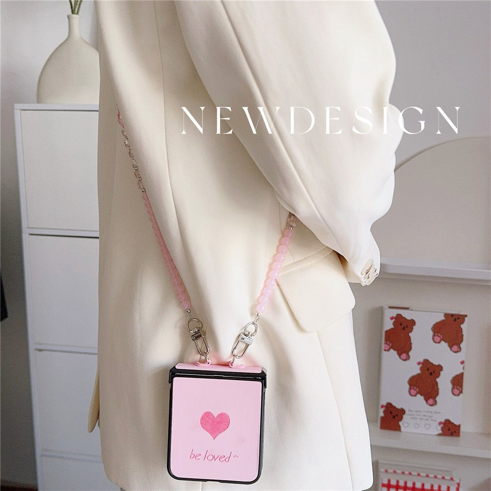 For Samsung Galaxy Z Flip7 FE 5G / Z Flip6 5G Case Heart Pattern Leather+PC Phone Cover with Crossbody Beaded Strap - Pink