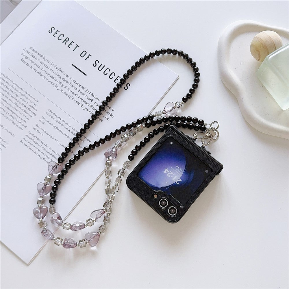 For Samsung Galaxy Z Flip7 FE 5G / Z Flip6 5G Case Heart Pattern Leather+PC Phone Cover with Crossbody Beaded Strap - Black