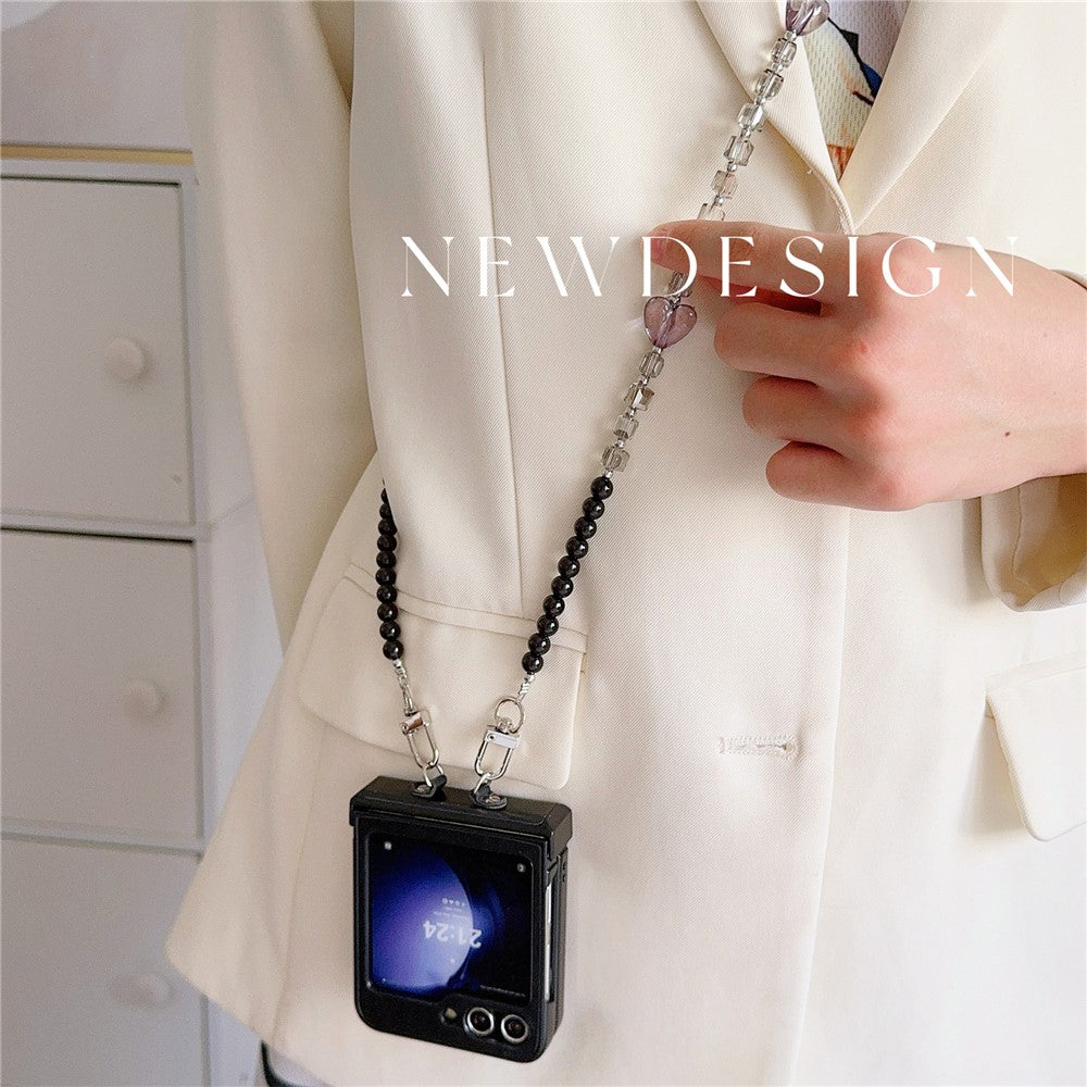 For Samsung Galaxy Z Flip7 FE 5G / Z Flip6 5G Case Heart Pattern Leather+PC Phone Cover with Crossbody Beaded Strap - Black
