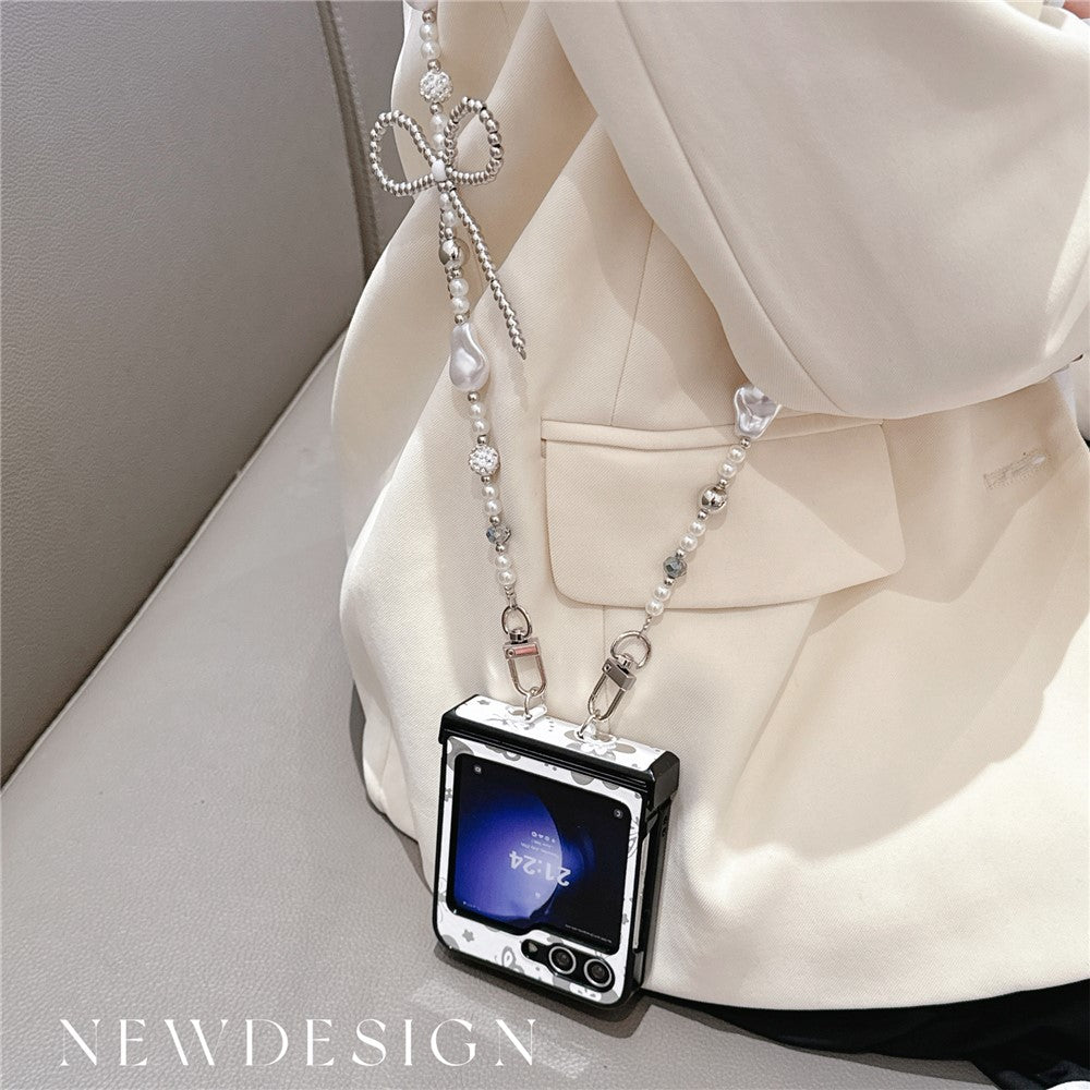 For Samsung Galaxy Z Flip7 FE 5G / Z Flip6 5G Case Butterfly Pattern Leather+PC Phone Cover with Crossbody Beaded Strap - White
