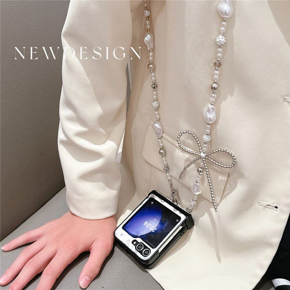 For Samsung Galaxy Z Flip7 FE 5G / Z Flip6 5G Case Butterfly Pattern Leather+PC Phone Cover with Crossbody Beaded Strap - White