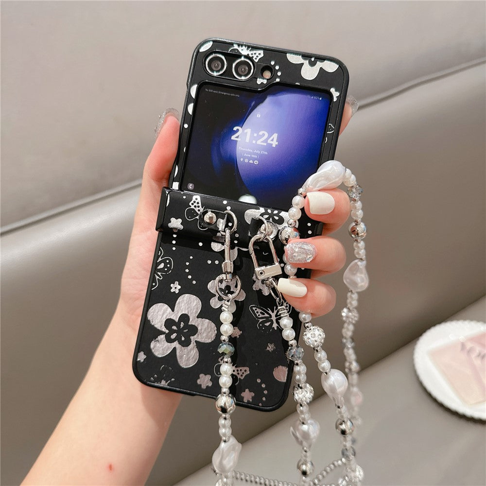 For Samsung Galaxy Z Flip7 FE 5G / Z Flip6 5G Case Butterfly Pattern Leather+PC Phone Cover with Crossbody Beaded Strap - Black