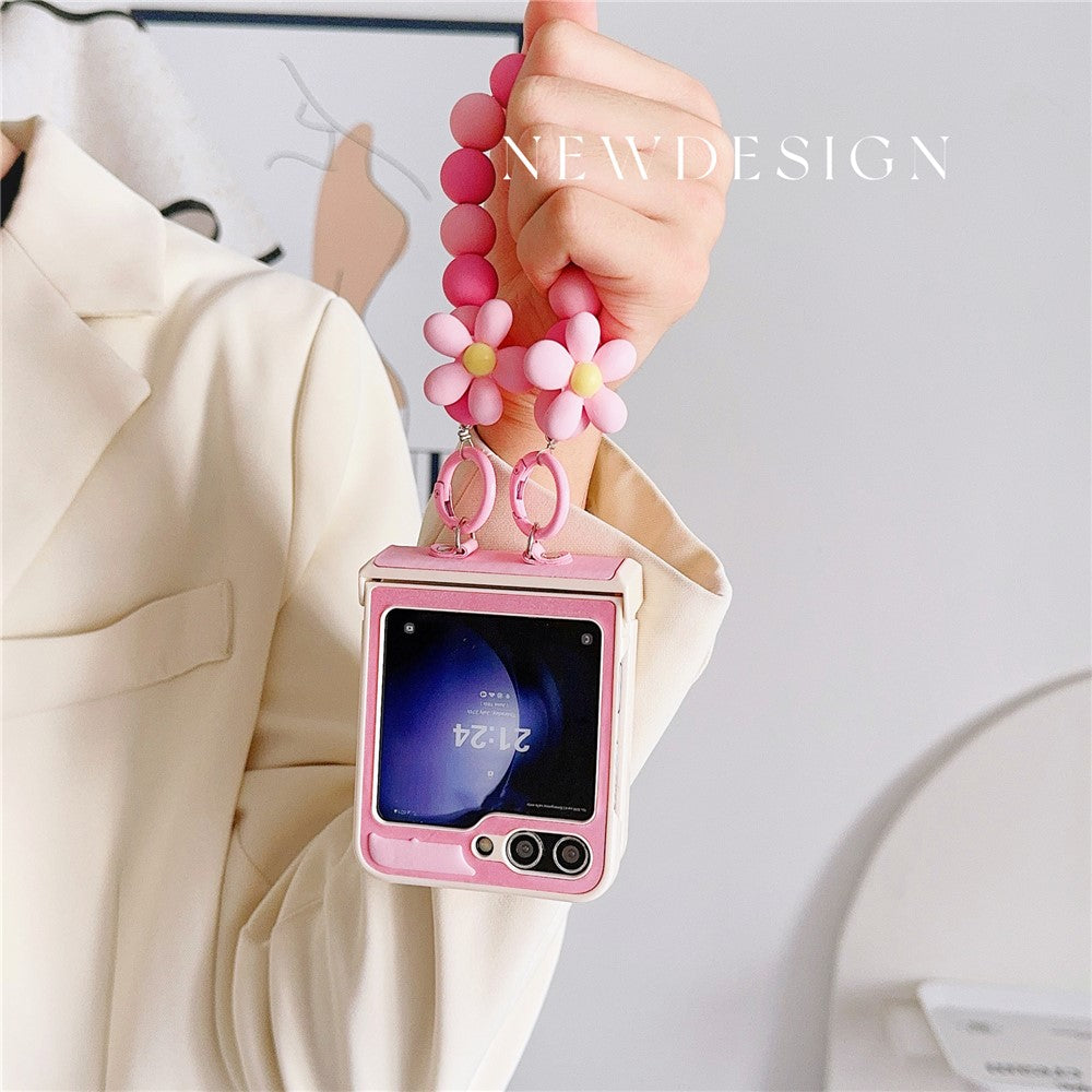 For Samsung Galaxy Z Flip7 FE 5G / Z Flip6 5G Case Skin-Touch Leather+PC Phone Cover with Beaded Wrist Strap - Pink