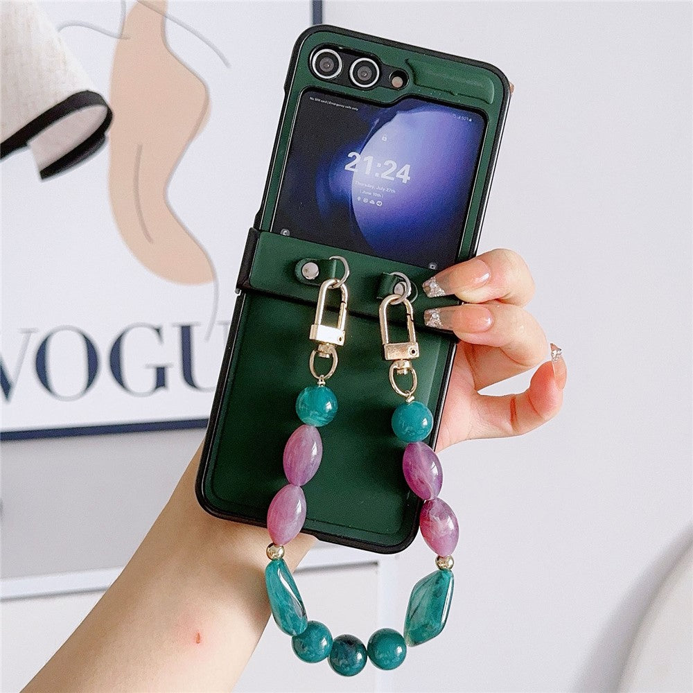For Samsung Galaxy Z Flip7 FE 5G / Z Flip6 5G Case Skin-touch Leather+PC Phone Cover with Beaded Wrist Strap - Green