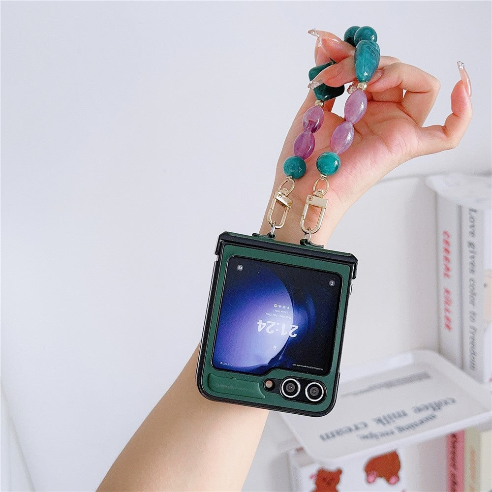 For Samsung Galaxy Z Flip7 FE 5G / Z Flip6 5G Case Skin-touch Leather+PC Phone Cover with Beaded Wrist Strap - Green