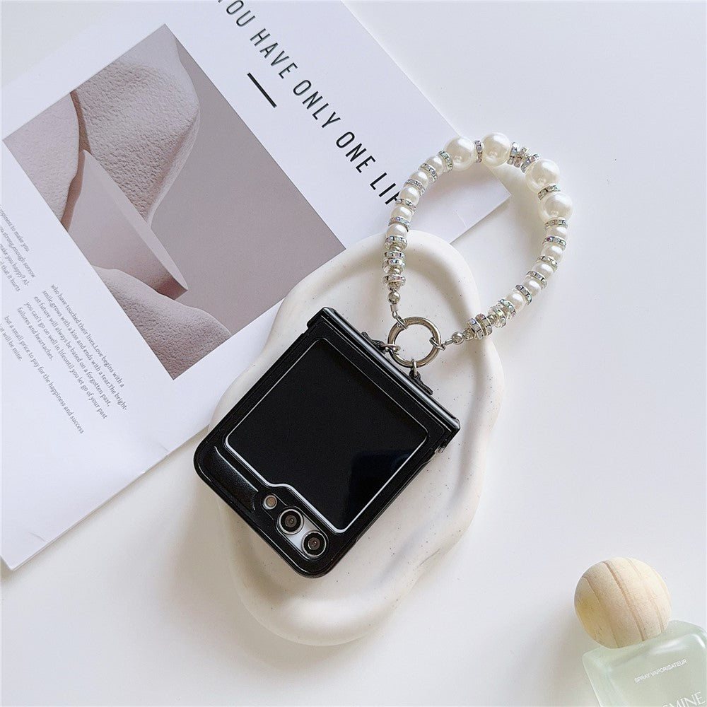 For Samsung Galaxy Z Flip7 FE 5G / Z Flip6 5G Case Crazy Horse Leather+PC Phone Cover with Wrist Pearl Strap - Black