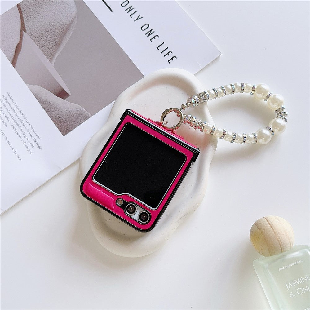 For Samsung Galaxy Z Flip7 FE 5G / Z Flip6 5G Case Crazy Horse Leather+PC Phone Cover with Wrist Pearl Strap - Rose