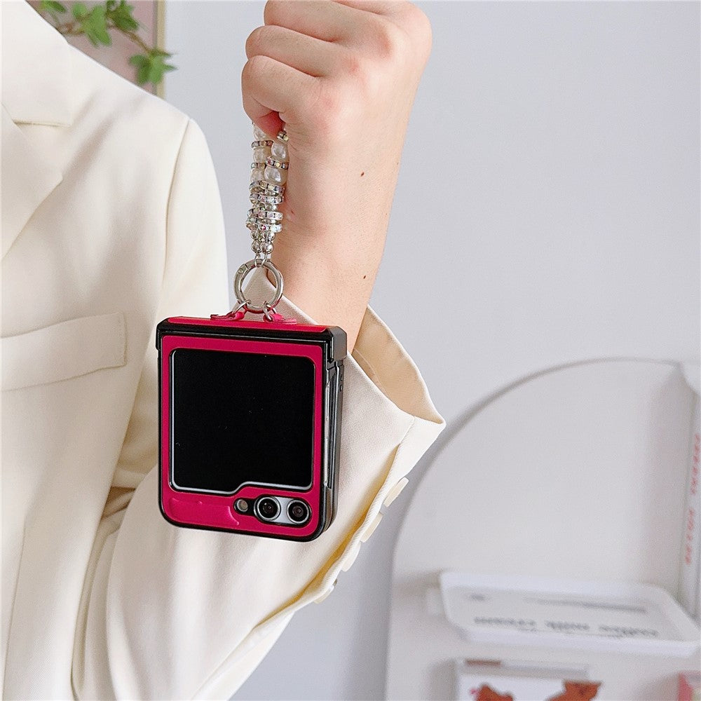 For Samsung Galaxy Z Flip7 FE 5G / Z Flip6 5G Case Crazy Horse Leather+PC Phone Cover with Wrist Pearl Strap - Rose